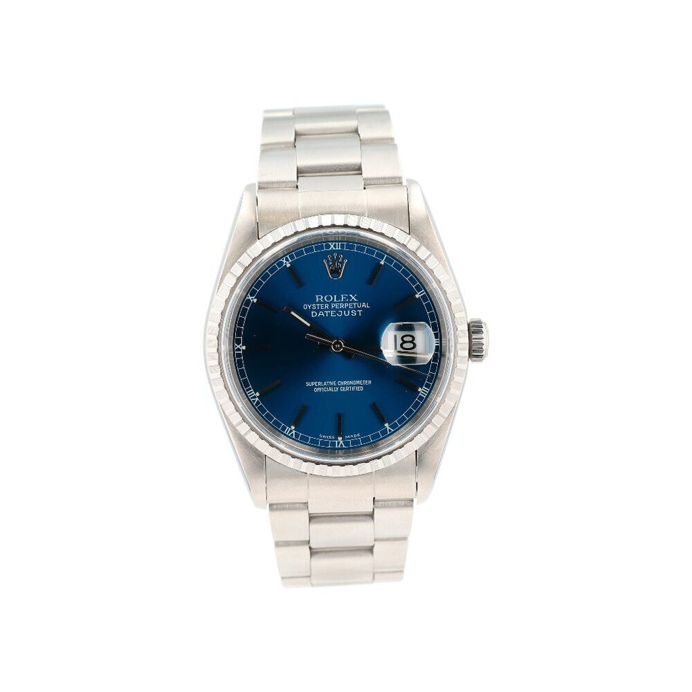 Rolex Datejust  16220 36mm Blue Index w/roman track Dial Engine-Turned Bezel